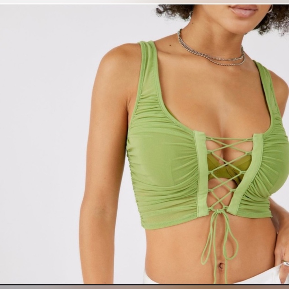 Urban Outfitters Mesh Lime Green Ruched lace up Sheer tank top Size S